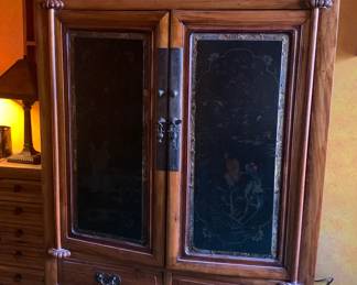 Late 19th c Chinese Qing Dynasty Red and Black Lacquered Wood Cabinet