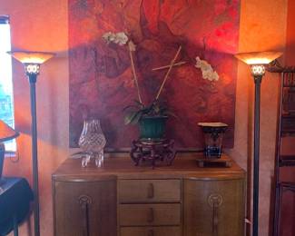Michael Valencia "Red" Original Oil Painting 2010, 1930 British Golden Oak Sideboard / Credenza, Two Art Deco Torchiere Floor Lamps