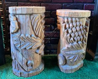 Hand Carved Log Stools, Pair
