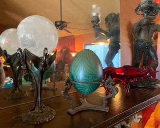 Art Glass, Red Glass Bull Statue, Pair of Monkey Candlestick Holders