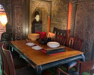 Ming Style Bird’s Eye Dining Table with Two Leaves and Set of Eight Sibau Cherry Wood Dining Chairs