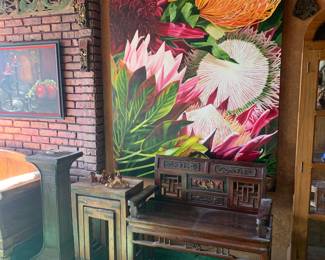 Original Oil Painting by Michael Valencia, "Proteus" 2007. 4' x 6', 19th Century Hardwood Chinese Bench / Settee, Vintage Old Ghana Handmade Carved Wood Ashanti Stool, Rustic Vintage Nesting Tables