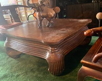 4' Square Ming Style Coffee Table and Brass Elephant