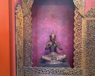 Large Carved Wood Phra Aphai Mani Statue, Vintage Teak Ornate Entry and Wall Carvings