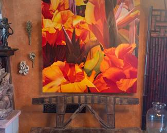 Michael Valencia, Original Oil Painting "Cannas" 2008, 6' x 4', Antique Rustic Indian Iron and Teak Bench
