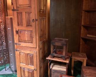 Rustic Pine Storage Unit and Collection of Wooden Side Tables