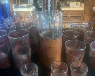 Libby Bamco Western Leather Wrapped Steer Tooled Glassware, Martini Shaker, and Bar Tools