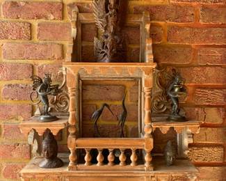 Hanging Wood Wall Curio with Asian Artifacts