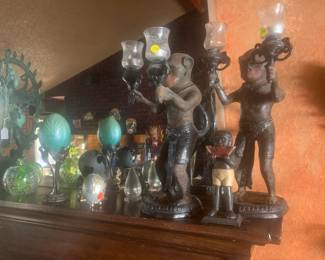 Pair of Spanish Revival Monkey Candleholders and Art Glass