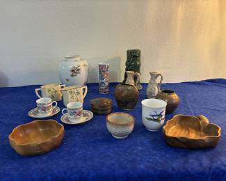Monkey pod bowls, tea cups, vases, sugar/creamer, brassware