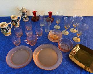 Vintage glassware, depression glass, starburst juice glasses, iridescent water glasses, gold tone spiral glasses,  red fostoria candlesticks, vintage beer steins.