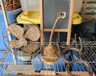 Metal Fan, Signs, Horse Shoe Rack and More 
