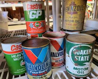 8 Vintage Composite Oil Cans 