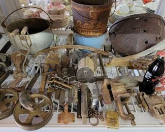 Vintage Castors, buckets, porcelain bucket, vines, railroad nails, keys, pencil sharpener, coke cans, coke bottle and More 