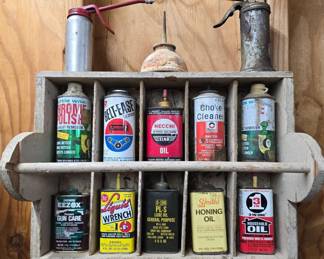 Ten Vintage Tins and 3 Oilers with Shelf