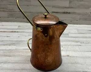 Antique Copper Water Pitcher Brass Handle Spout Lid Primitive Farmhouse Decor