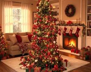 9’ Pre-Lit Deluxe Christmas Tree w/ Red Ornaments, Plaid Accents & Warm White Lights