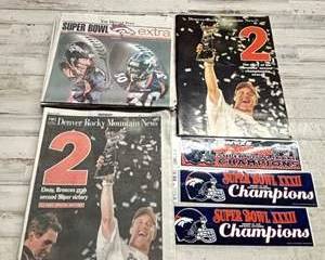 Denver Broncos Super Bowl XXXII Champions Lot – Newspapers, Special Edition Book, Bumper Stickers Collectible Set