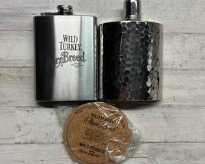 Wild Turkey Rare Breed Flask Set w/ Hammered Steel Flask & Cork Coasters Bourbon Lot