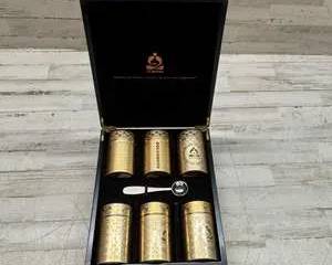 Teavana Luxury Tea Canister Gift Set Gold Tin Collection with Measuring Spoon in Wood Box