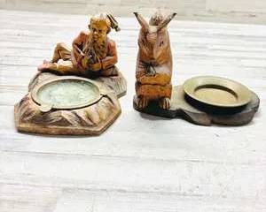 Vintage Hand-Carved Wood Figurine Lot – Gnome Pipe Smoker & Squirrel Trinket Dish Holders