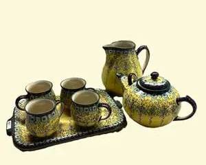 Handmade Polish Pottery Tea Set with Pitcher Mugs Tray Teapot Manufaktura Unikat