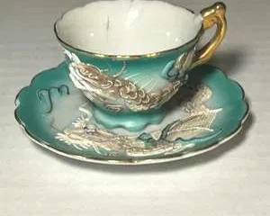 Vintage Mini GNCO Japan Moriage Dragon Tea Cup & Saucer Hand Painted Raised Enamel Gold