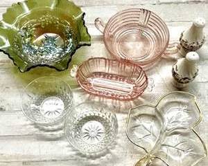 Vintage Mixed Glassware Lot – Depression Glass, Royal Mail England S&P, Leaf Dish, Pressed Glass Bowls