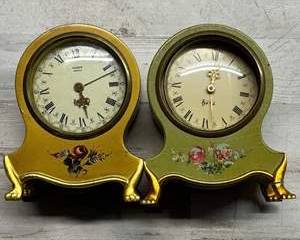 Vintage SSS Marke Wind-Up Musical Clocks Pair Floral Painted Mantel Shelf Clocks