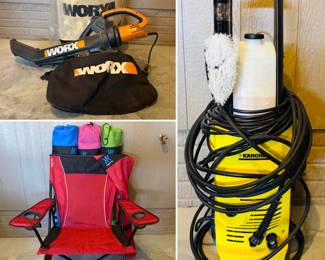 A WORX TRIVAC 3-in-1 electric leaf blower, vacuum, and mulcher, Set of three Kijaro Dual Lock Chairs and a Kärcher K 2 Universal Edition pressure washer. 