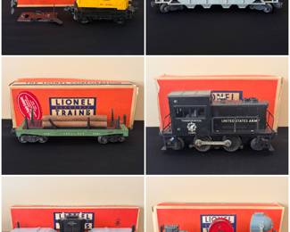  A collection of vintage Lionel model train cars and a locomotive, with original packaging. 
Top Left: A yellow Lionel Lines #3360 Burro crane car. 
Middle Left: A green Lionel Lines #3461 operating log dump car, designed to automatically unload logs. 
Middle Right: A black United States Army switcher locomotive, road number 41. 
Bottom Right: A #3650 searchlight car, featuring a rotating light. 