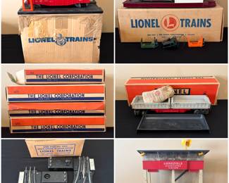 A collection of vintage Lionel model train sets and accessories, including stations, track, and cargo. Both in their assembled state and in their original packaging, which includes "The Lionel Corporation" branding. 
No. 345 Culvert Pipe Unloader, which was introduced in 1957. 
No. 365 or No. 465 model. 
accessories are designed for use with "O" or "O27" gauge model railroads. 