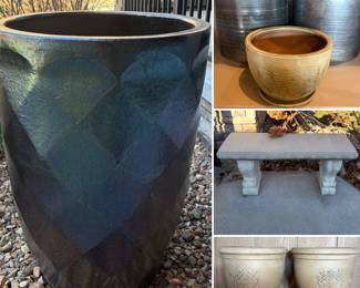 Collection of Outdoor planters. The blue one measures 22 inches wide and 32 inches tall, 
Set of silver pots measure at 12 1/2 inches wide and 19 inches tall. 
Garden Bench measures 40 long 15 wide and 19 tall and the set of stone colored pots measure at 22 inches wide and 32 inches tall. 