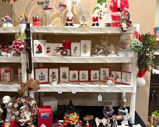 Vintage Christmas blow molds, a collection of Hallmark Keepsake ornaments and other holiday decorations. 