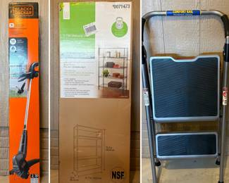 BLACK+DECKER 3.5 Amp 12-inch 2-in-1 Electric Trimmer/Edger model ST4500, 5-Tier Shelving Unit, and a two-step folding stool.