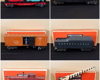 A collection of vintage Lionel model trains and accessories, likely from the postwar era. 
This collection includes various types of rolling stock, such as an auto-loader car, a boxcar, a caboose (No. 6457), and a black boxcar with "NYC" (New York Central) markings. 
A steam locomotive and a railroad crossing gate accessory are also available. 
These items are part of the "O" gauge model train system. 