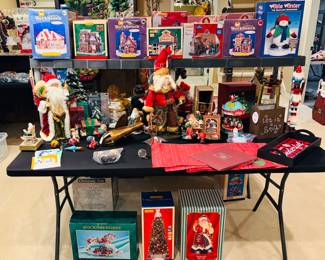 Lemax Christmas Village collection, including the "Workbench" series and "The Dancing Showman".