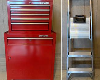Red Craftsman tool chest and rolling cabinet, and a Little Giant Xtra-Lite Plus Step Ladder.