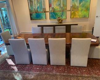 Set of 10 Rolling Chairs / Double Pedestal Banded Table / 3- 18 inches leaves 