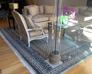 Pair of Celindracal 6.5 inches high Floor Lamps / Matching Sofa and Love Seat w/ Arm Chair / 4 ft Square Glass and Iron Coffee table