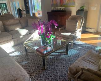 4 Ft Square Glass and Brass Coffee Table
