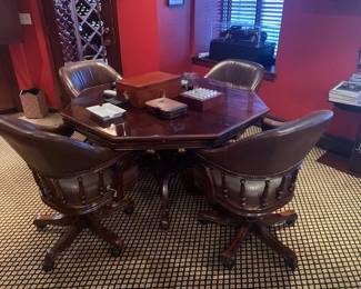 Wood game Table  (removable top ), game table below, set of  4 Rolling Chairs 