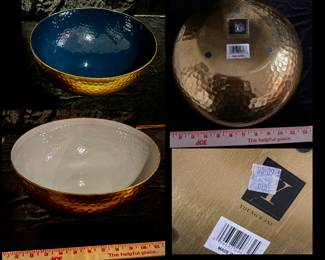 Brass with ceramic glaze display bowls. Two available.  One is a deep blue, the other grey-blue. 11.5" x 4.5"    $25 for each bowl
