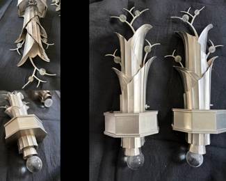 Deco metal and glass sconces with a botanical design with metal leaves and glass spheres. 19.5h x 7"w. Excl. condition.  Pair of two.  $1600