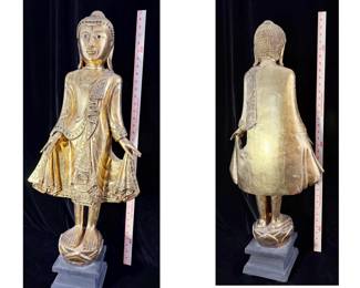 Thai Buddha from the Jonathan Swift Collection. Large carved wood with gold paint and intricate jeweled details. 34" high x 14" at widest point.   Stunning.  $390 