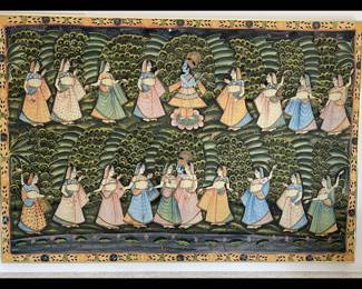 (2nd pic)  Picchwai from Nathdwar of Krishna Rasa dance and foliage backdrop. Beautifully mounted.  Excl Cond $500 