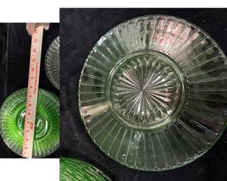 Depression Glass green dessert plates. Set of eight.  8" diameter.  Excl cond,   $60