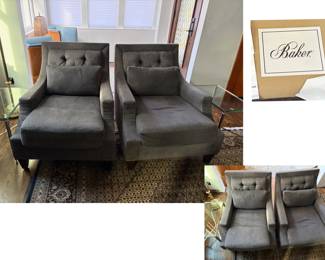 Baker Furniture's Thomas Pheasant Club Chairs with matching accent pillows. Tufted pillow back with tapered legs and decorative brass tack nail head borders. Fabric is an ash-brown color. Set of Two chairs and one ottoman. $1200