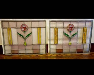 Pair of leaded glass tulip windows.  Excellent condition. 23.25"w  x 19.25" h, No chips or cracks.  $450
