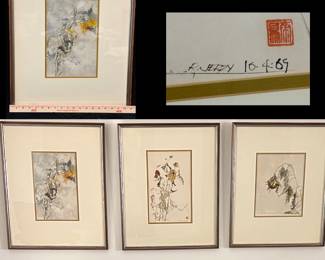 Richard Jerzy Sunflower watercolors signed and dated 1969. Fabulous!  Wood frames with a hint of gold.  Excellent condition.  23" x 19"  Set of three.  $700